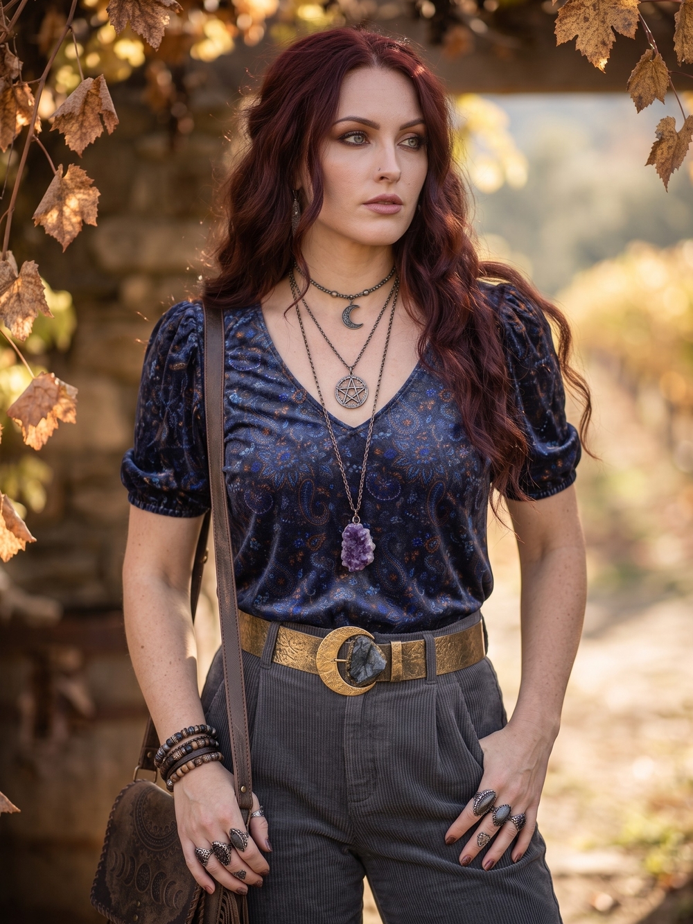 Velvet Whimsigoth V-Neck Dark Academia Boho Blouse Indigo